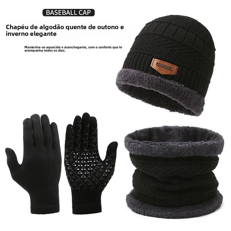 Kit 3 Peças Masculino Inverno Chapéu Cachecol e Luva Tricô Forrado Pelúcia Gola Integrada Térmico