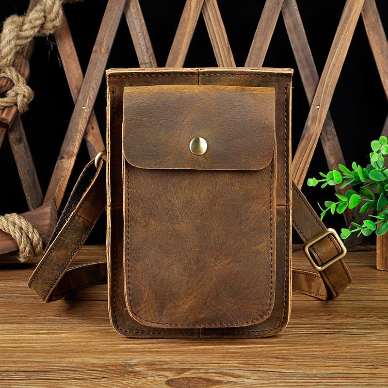 Homens Retro telefone móvel ao ar livre couro genuíno 23cm pequena cintura saco com gancho cavalo louco couro usar cinto