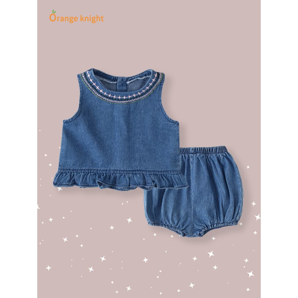 Cem dias feminino recém-nascido verão terno bordado sem mangas colete vestido jeans com Shorts jeans terno de duas peças