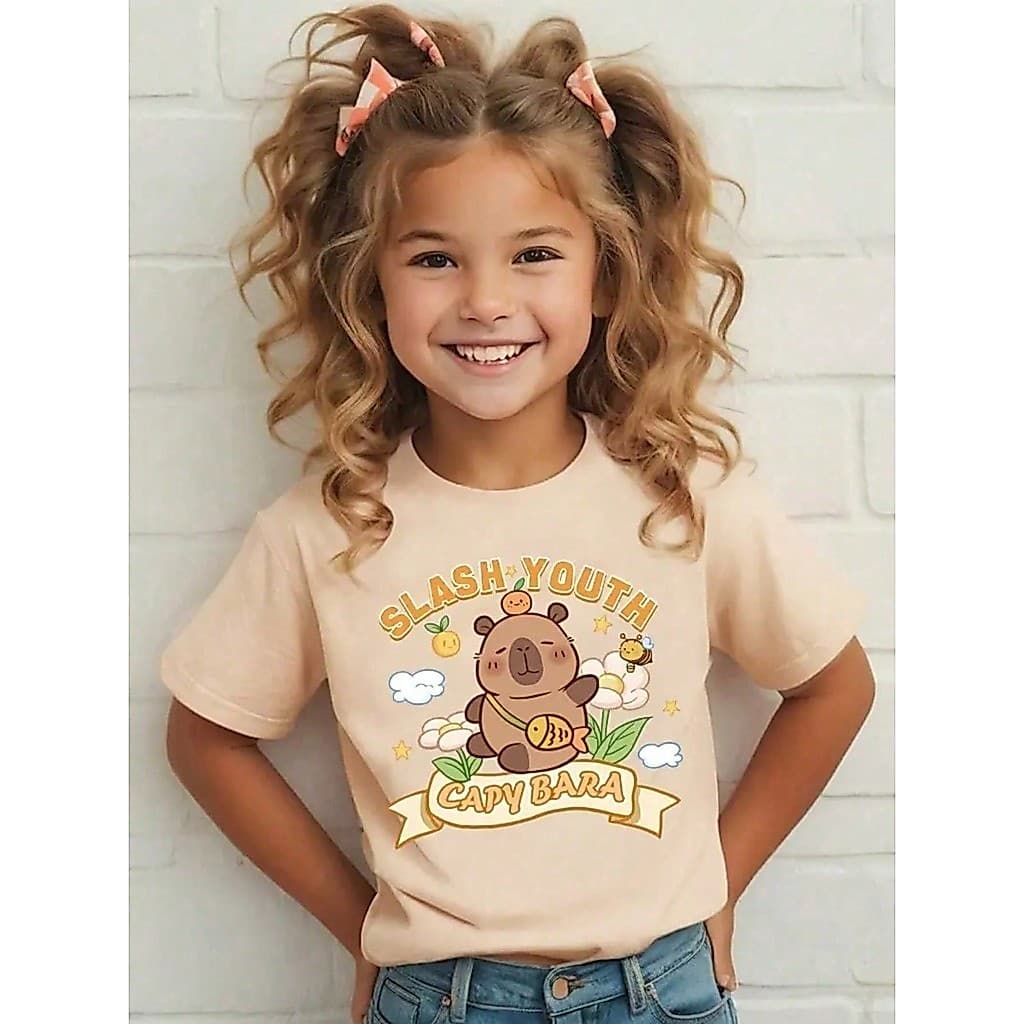 Camiseta Menina Infantil Capivara Youth Blusa de Manga Curta com Estampa para Meninas, Estilo Casual e Fashion