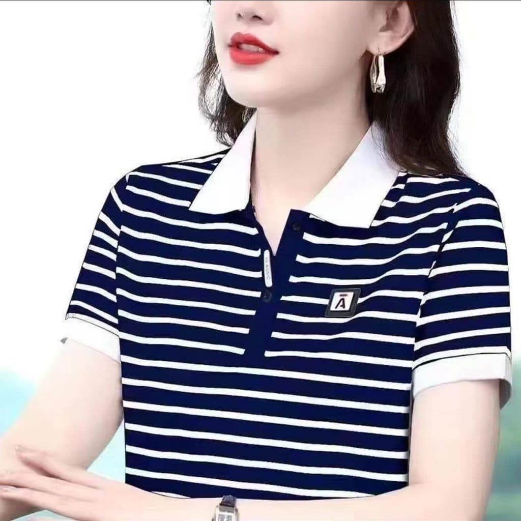Yunfeihui moda feminina verão simples Casual listrado de manga curta novo estilo feminino All-Match elegante