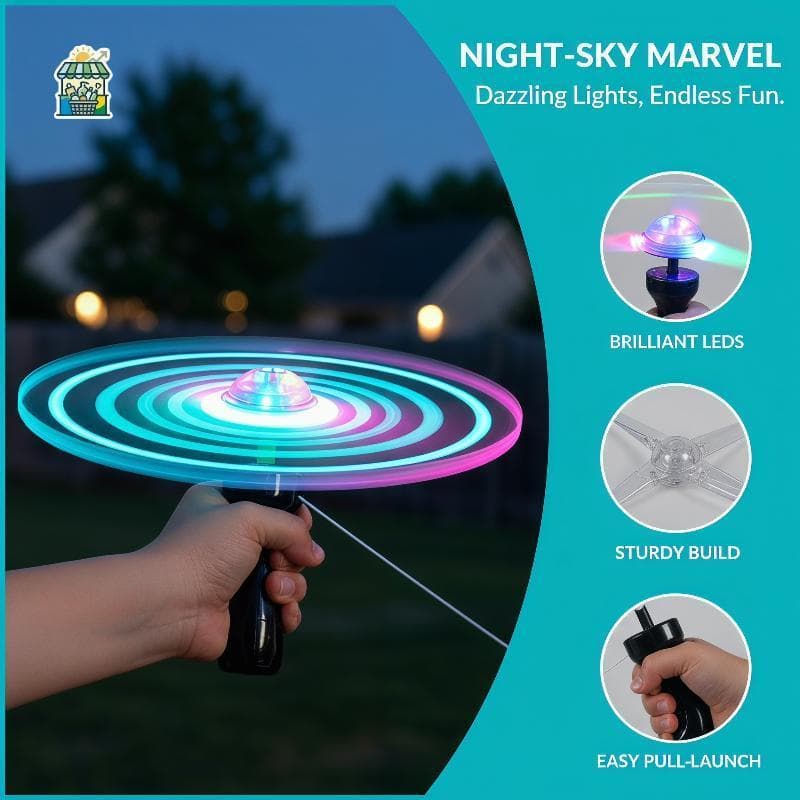 LED Luminoso Disco Voador Brinquedo Puxar Corda Alimentado UFO Hélice Criativo Jogo Interativo Para Crianças Acampamento
