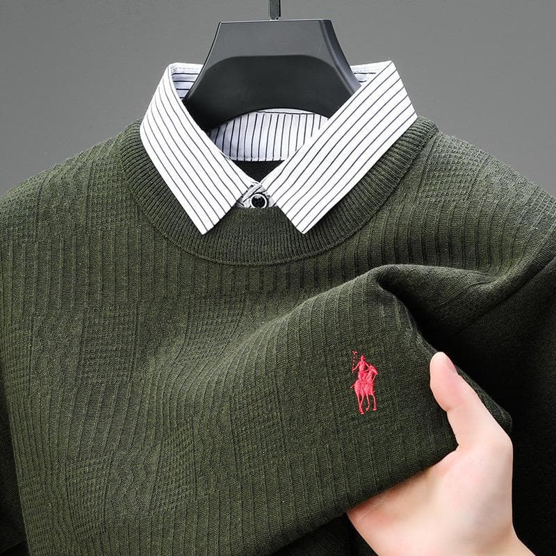 Camisola masculina de fundo malhas outono inverno forro de lã engrossado de uma peça de lã pai usar falso dois @