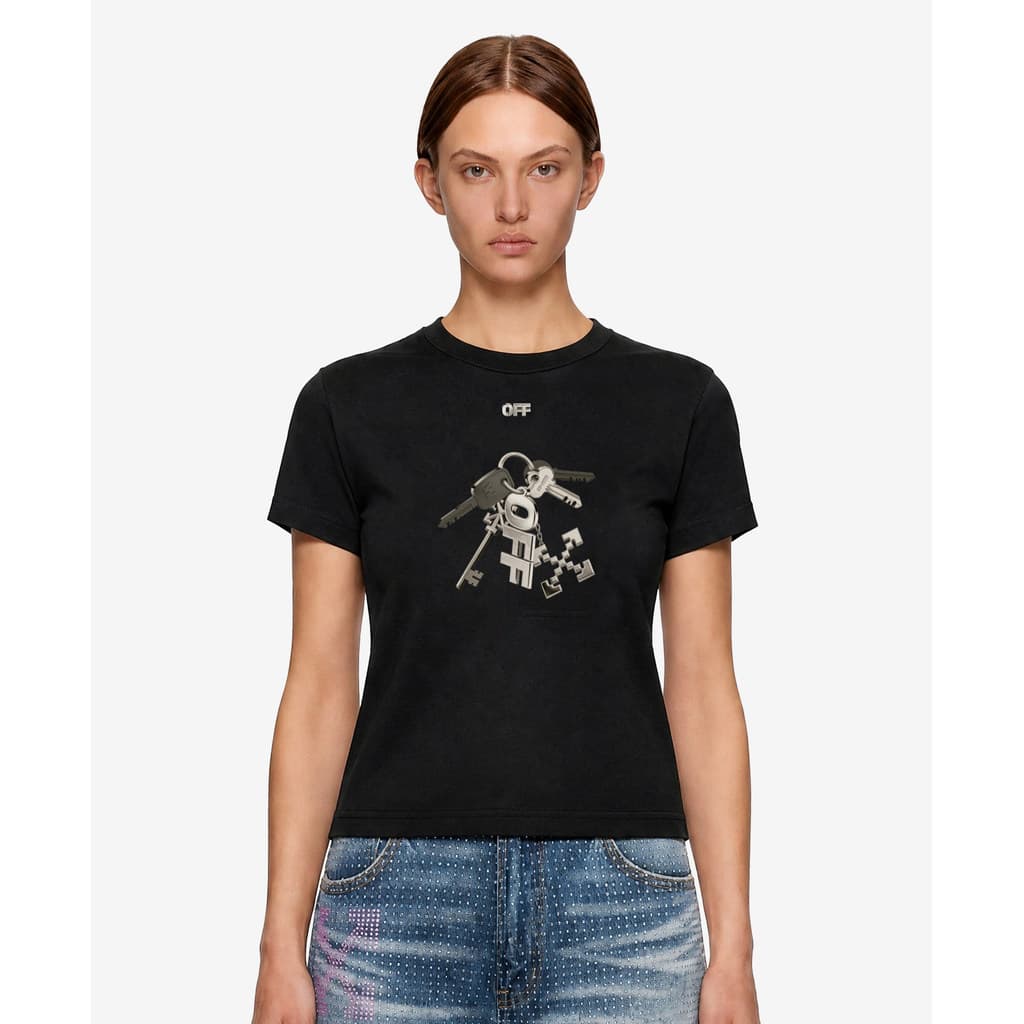 Pronto Estoque Mangas Curtas OF-WHITE Metal Keychain Padrão Impressão Europa E América Unissex Solto Nova Camiseta Gola