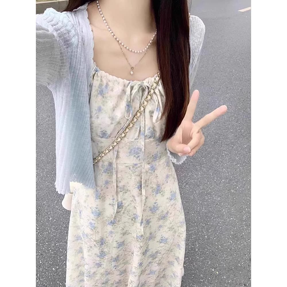 Verão fino azul protetor solar de malha Cardigan roupas femininas 2026 novo estilo de venda quente estilingue blusa exte