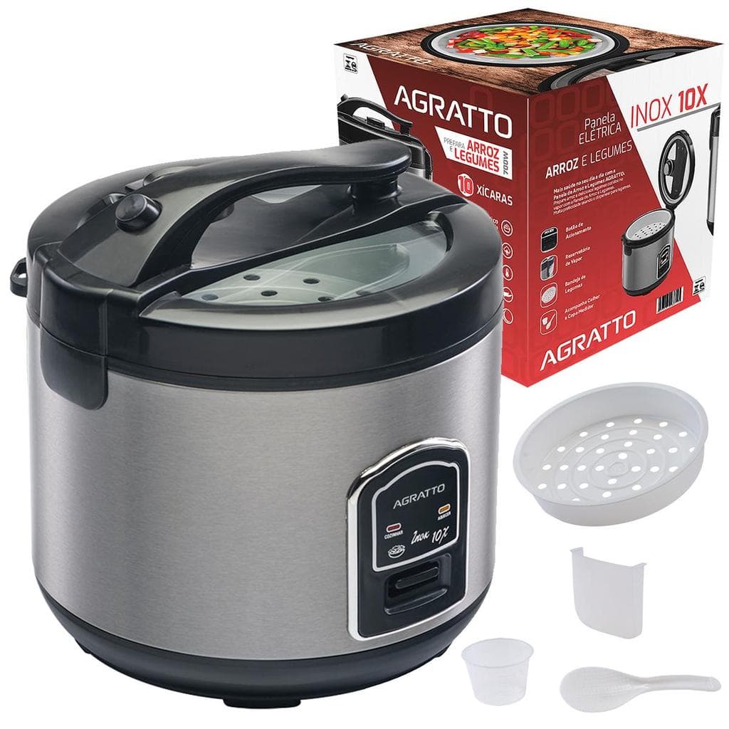 Panela Elétrica de Arroz Inox 10 Xícaras Visor de Vidro Agratto PAI10X 127V Antiaderente Copo Medidor e Colher