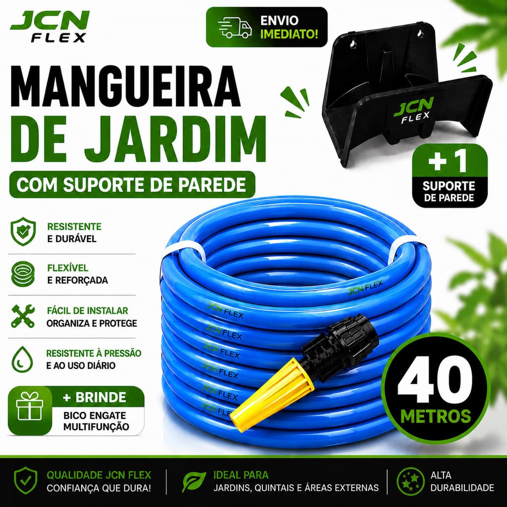 Mangueira Jardim 40m Flexível Reforçada com Enrolador e Bicos JCN FLEX