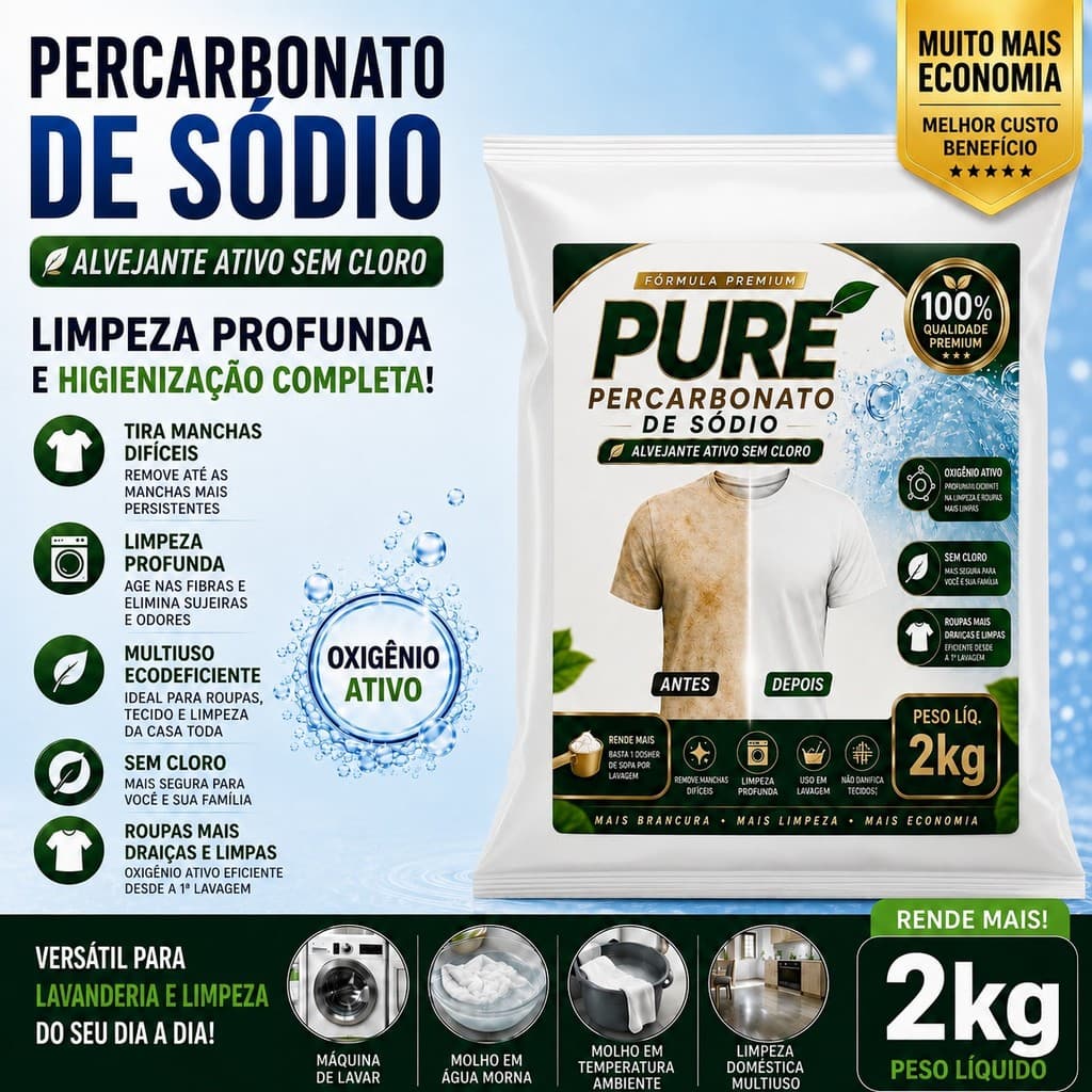 Percarbonato 100% Puro Tira Manchas Roupas Brancas e Coloridas