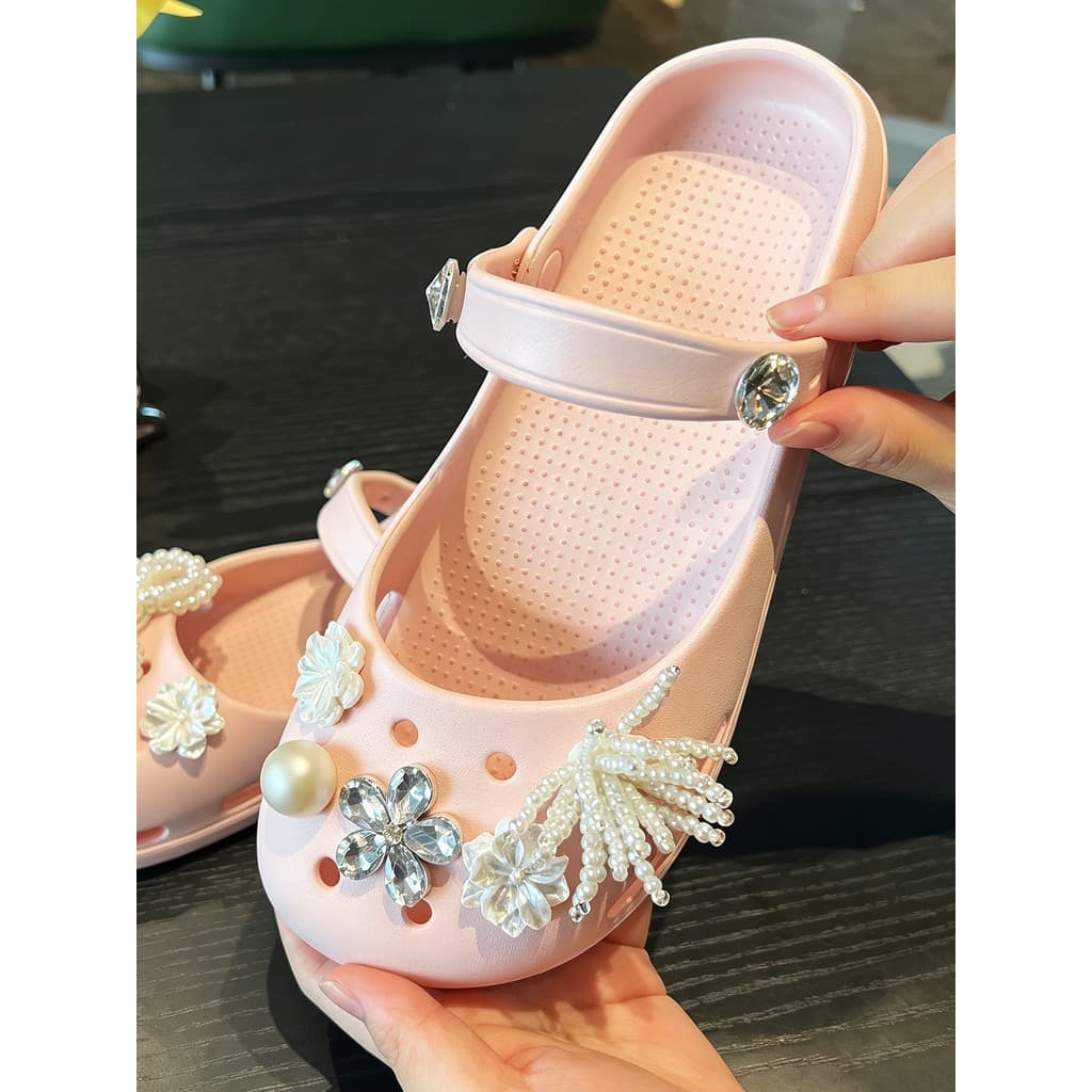Mary Jane buraco sapatos senhoras diy diamante pérola flor acessórios verão exterior Wear antiderrapante plana respiráve