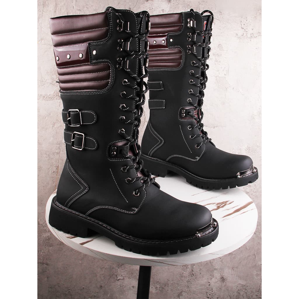 Botas altas masculinas estilo Punk para motocicleta, primavera, preto, rendas, rebites, cavaleiro Martin, botas da moda