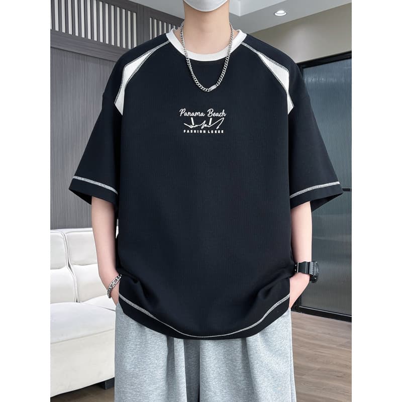 Contraste cor masculina em torno do pescoço de manga curta camiseta masculina verão roupas superiores na moda adolescent