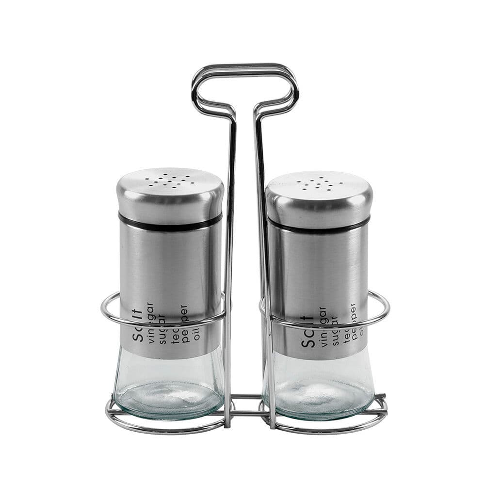 Conjunto Saleiro e Pimenteiro com Suporte Galheteiro para Servir