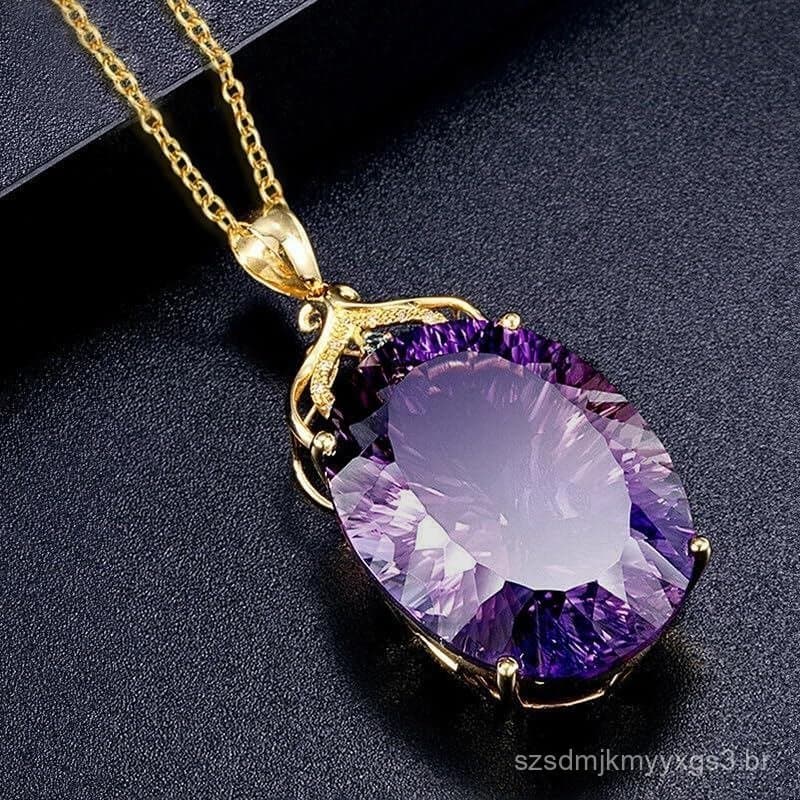Atraente Colar com Pingente Oval Grande de Zircônia Roxa, Joia com Encantos Elegantes