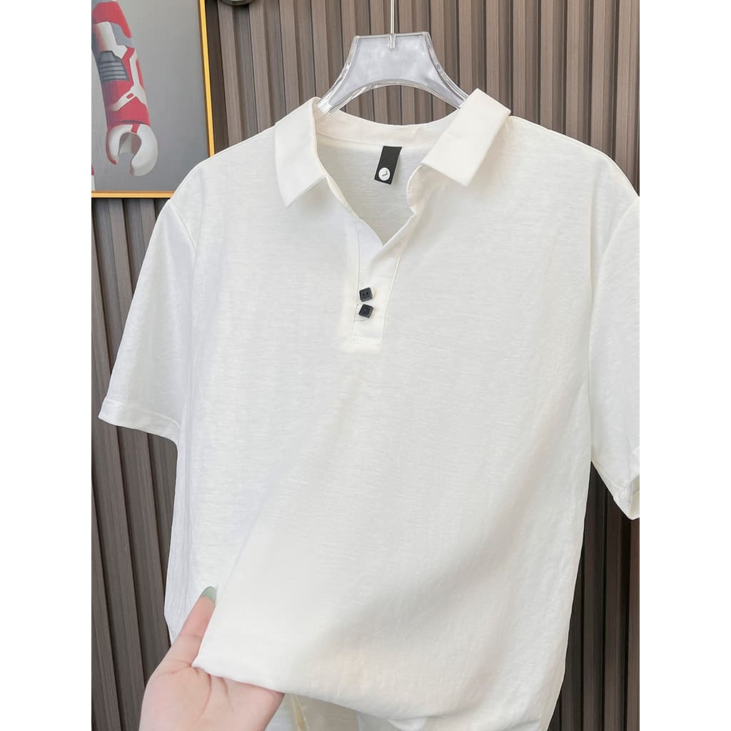 High-End novo estilo chinês abotoado algodão linho camisa polo masculina de manga curta verão cor sólida luz fina linho