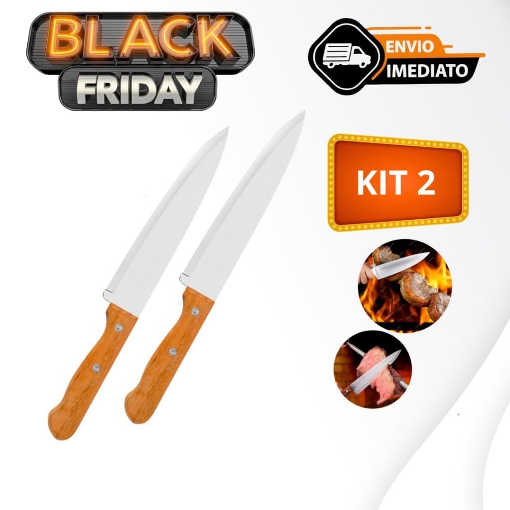 Kit 02 Faca De Cozinha Inox Profissional 7 Do Chef Cabo Madeira 30,1CM