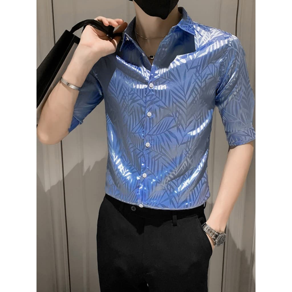 Verão gelo seda camisa de manga curta masculina versão coreana na moda rufião bonito reflexivo manga de cinco quartos 20