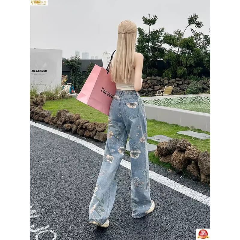 Calças jeans de perna larga com estampa floral para mulheres plus size, primavera e outono, cintura alta, design exclusi