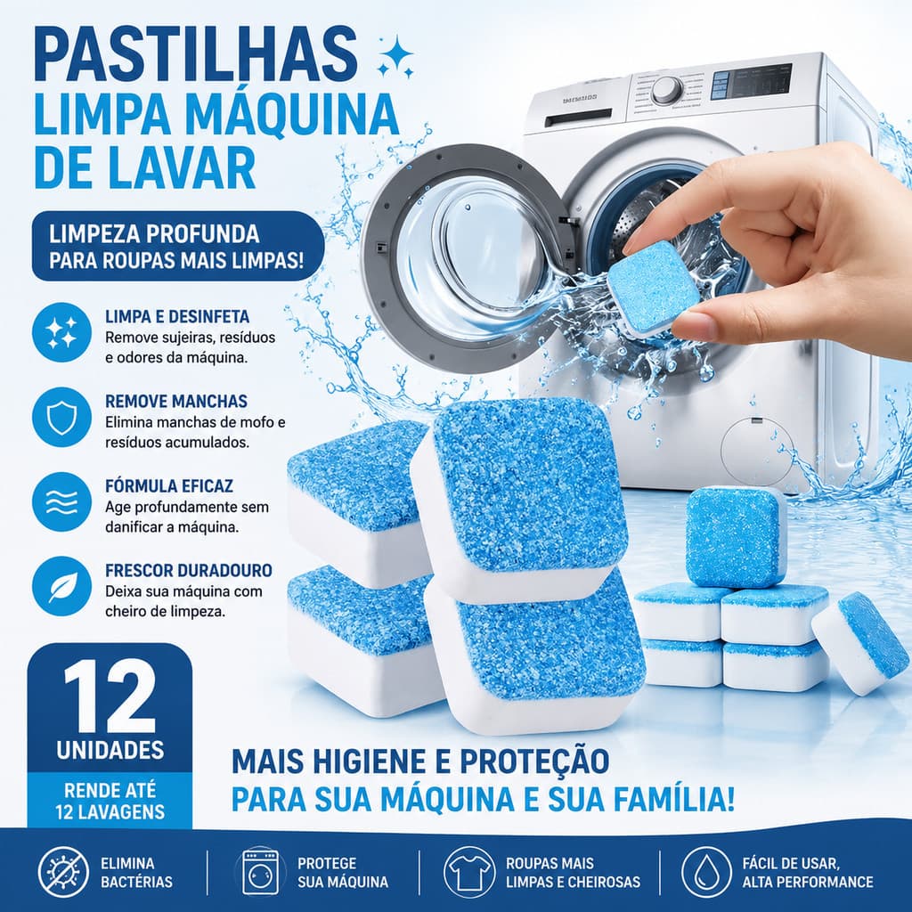 KIT 30 Pastilhas Efervescentes Máquina Lavar Roupas Multifuncional Acaba Com Mofo Calcário e Odores Ruins No Tambor
