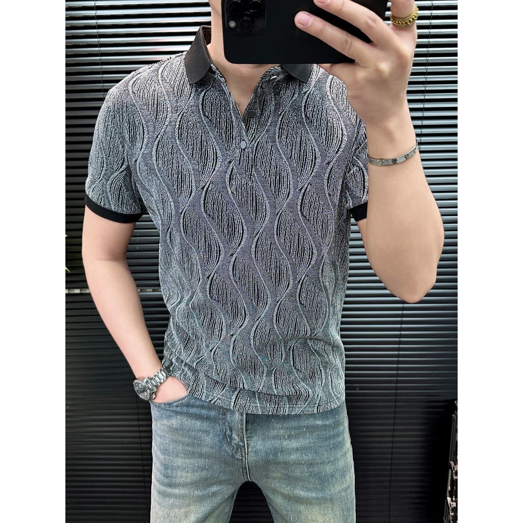 Street Wear bens europeus camisa Polo masculina verão novo estilo ouro Jacquard manga curta luz luxo High-End lapela mas