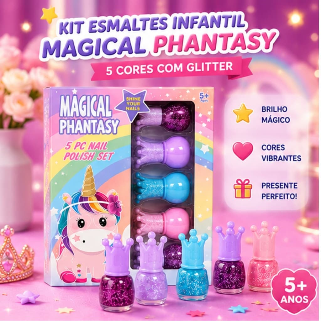 Kit Esmalte Infantil Lavável 5 Cores Glitter Unicórnio Presente Menina Brinquedo Maquiagem Infantil 5 Anos+