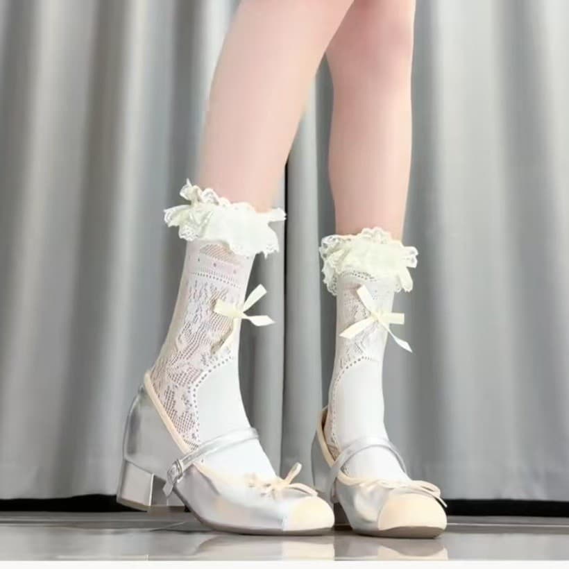 Meias femininas até a panturrilha com acabamento em renda, estilo lolita fino, meias com laço empilhado, meias curtas es