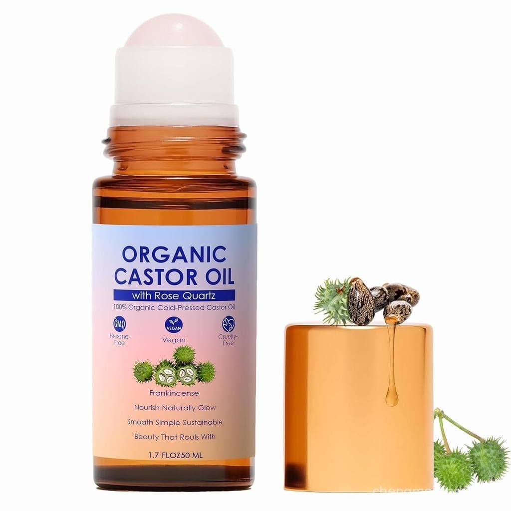 Óleo de Rícino Orgânico com Rolo de Quartzo Rosa, 100% Puro, Prensado a Frio, Óleo de Rícino Orgânico Roll-On com Quartz