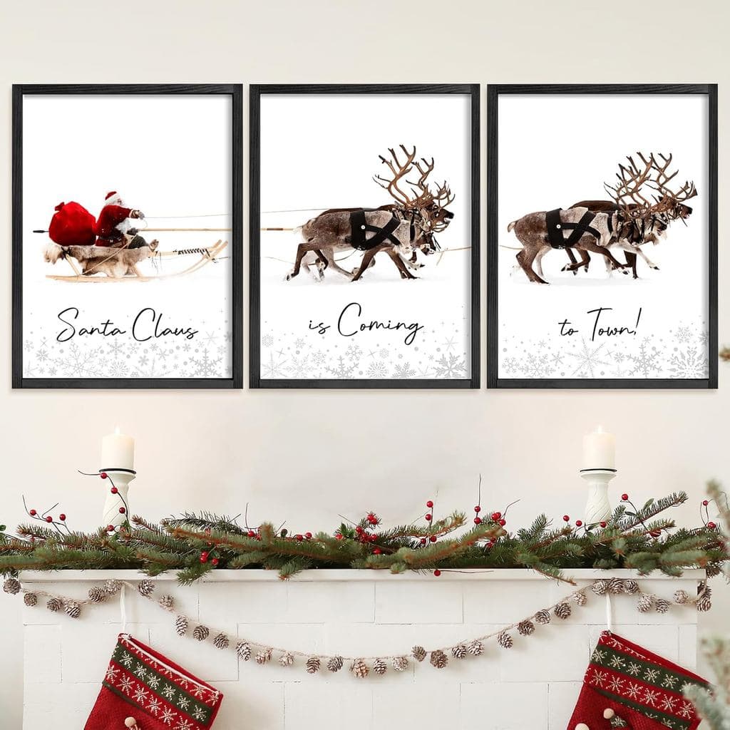 LITIVY Impressões de Arte de Parede de Natal - Conjunto de 3 Papais Noéis com Trenó e Renas para Decoração de Casa - Pla