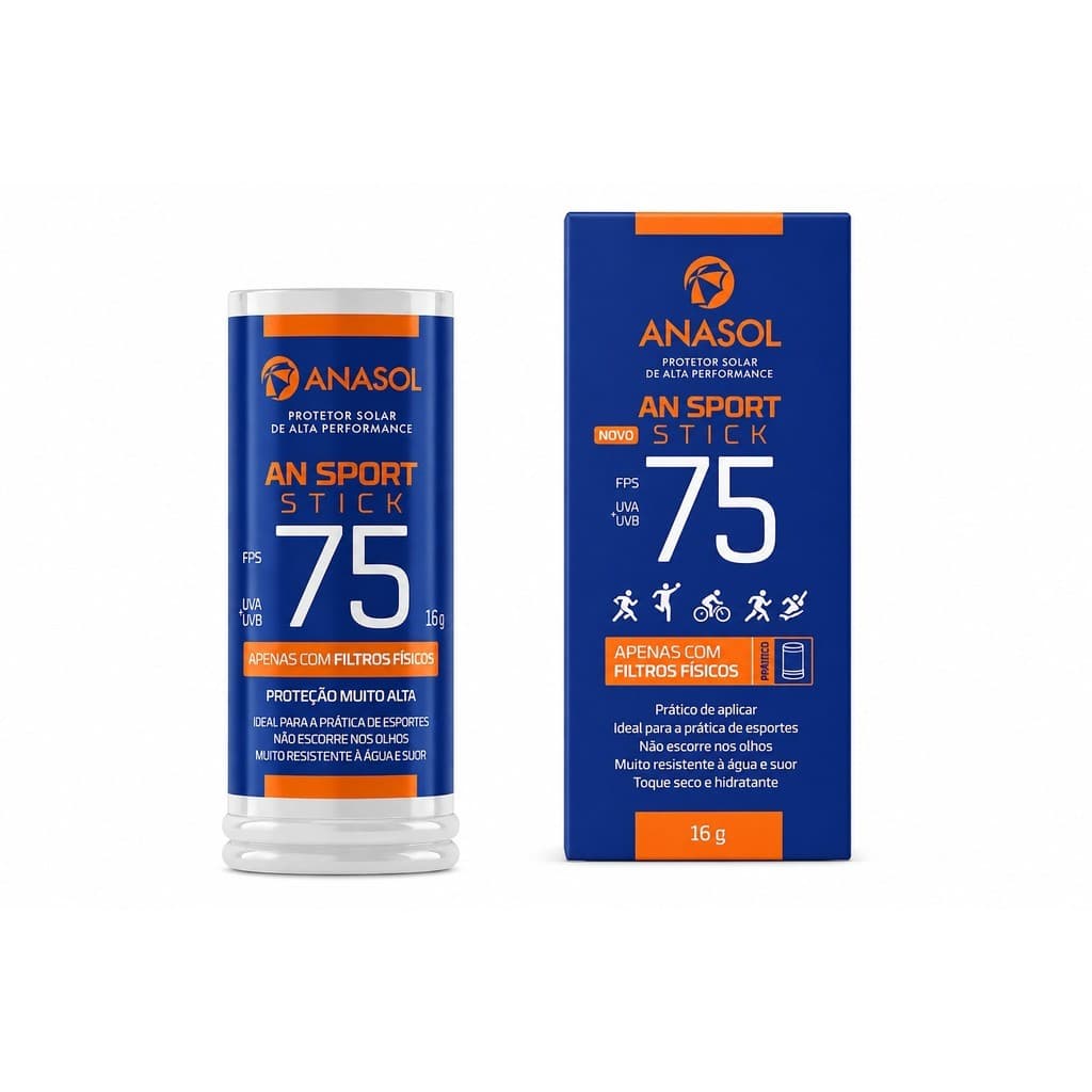 Anasol AN Sport Protetor Solar Stick Fps 75 , 16g , Filtros Veganes E Físicos UVA UVB , Não Funcionam Nos Olhos , Esport