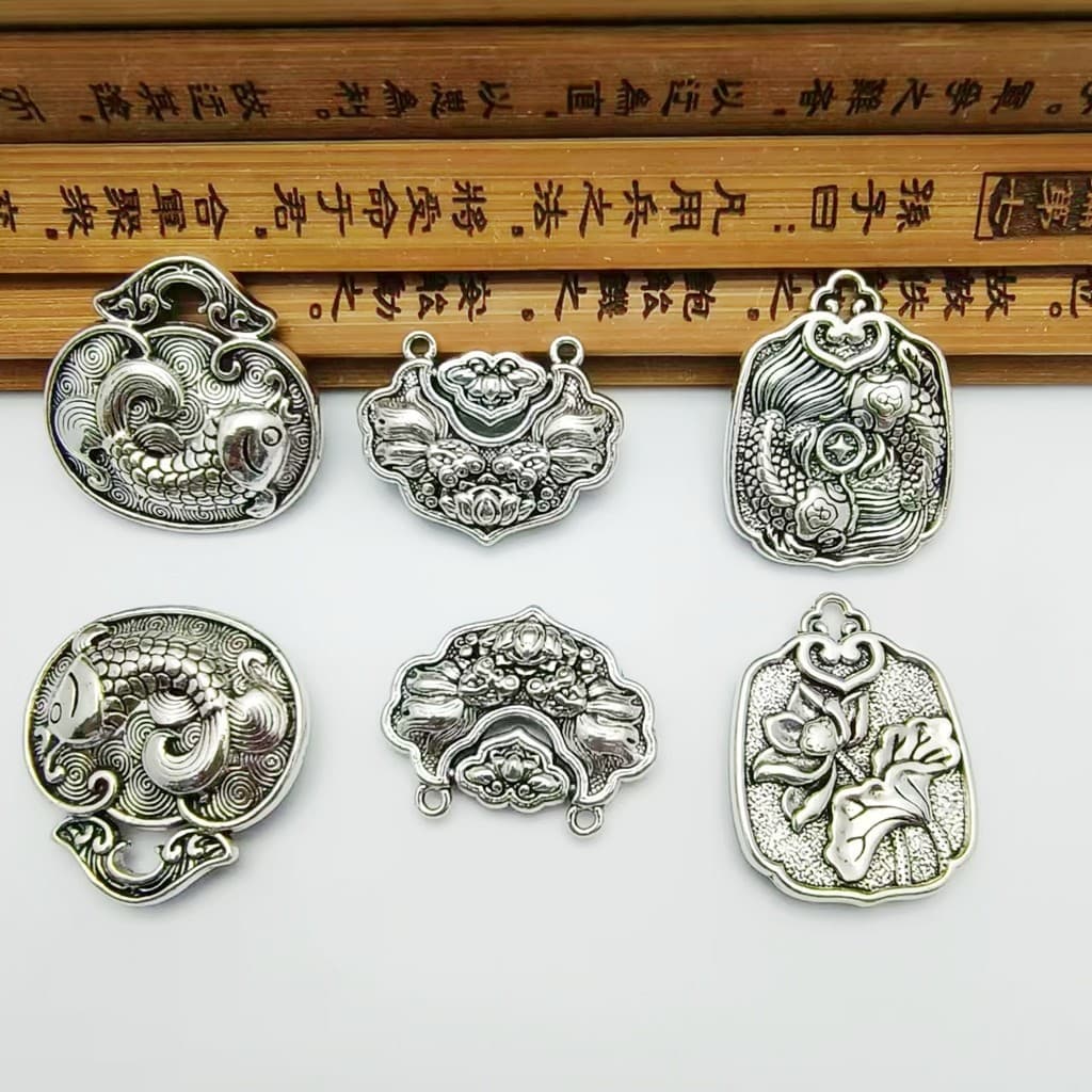Pingente Vintage de Liga de Prata Tibetana com Anel Duplo, Peixe Dourado e Lótus, Pingente DIY de Peixe Koi, Acessórios