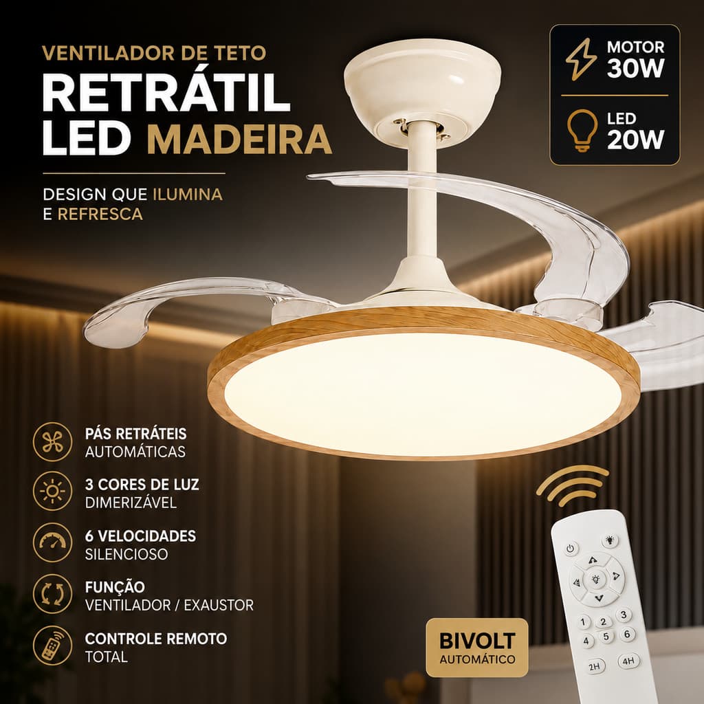 Ventilador De Teto Luminária Retratil Madeira LED 3 Cores Dimerizavel Controle Remoto Bivolt