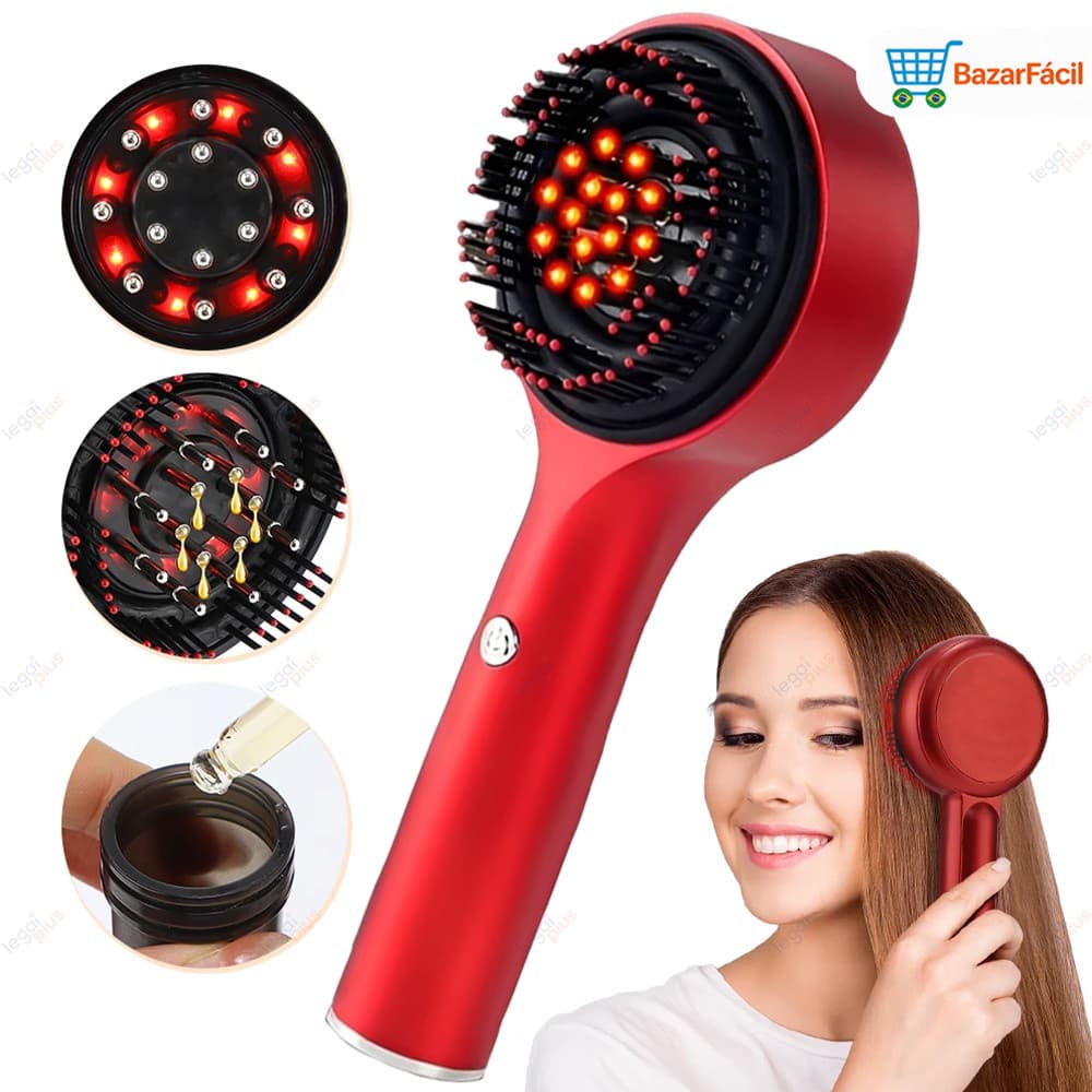 Escova Massageadora Elétrica Luz Vermelha Aplicador de Sérum e Óleo Capilar Estimula Crescimento Capilar