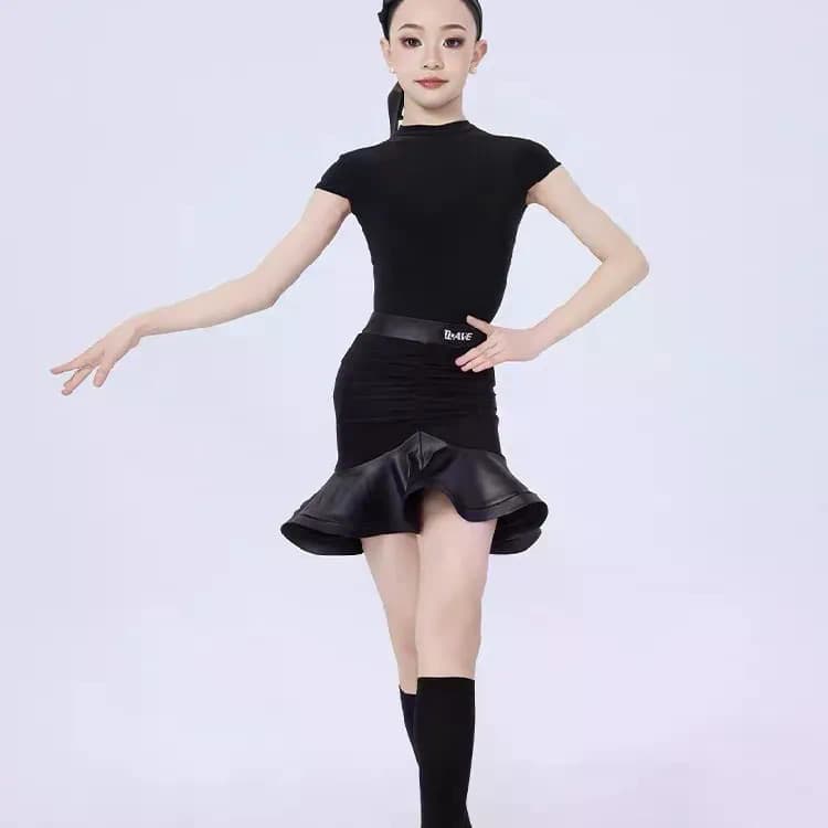 [WDF] Fantasia infantil de prática de dança latina, fantasia dividida para meninas de manga curta, competição de verão,