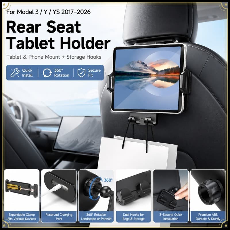 Para Tesla Modelo 3 Y 2017-2026 Assento Traseiro Tablet Suporte Do Telefone Montagem Encosto De Cabeça Com Ganchos Duplo