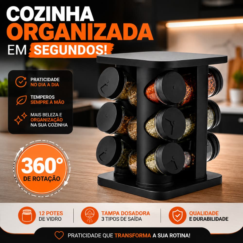 Porta Condimentos Giratório Para Temperos 12 Potes Vidro Tampa Dosadora
