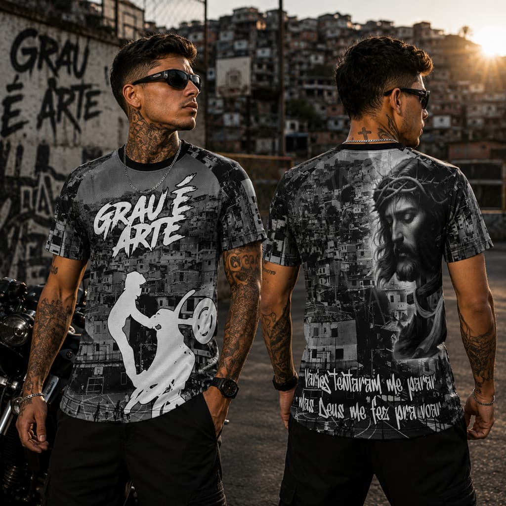 Camiseta Masculina Grau 244 Grau é Arte Jesus Estampada Motociclista Streetwear