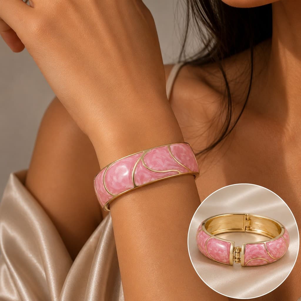Bracelete Feminino Rosa Aço Inoxidável Banhado A Ouro Esmalte Marmorizado Brilhante Sofisticado Preço Acessível