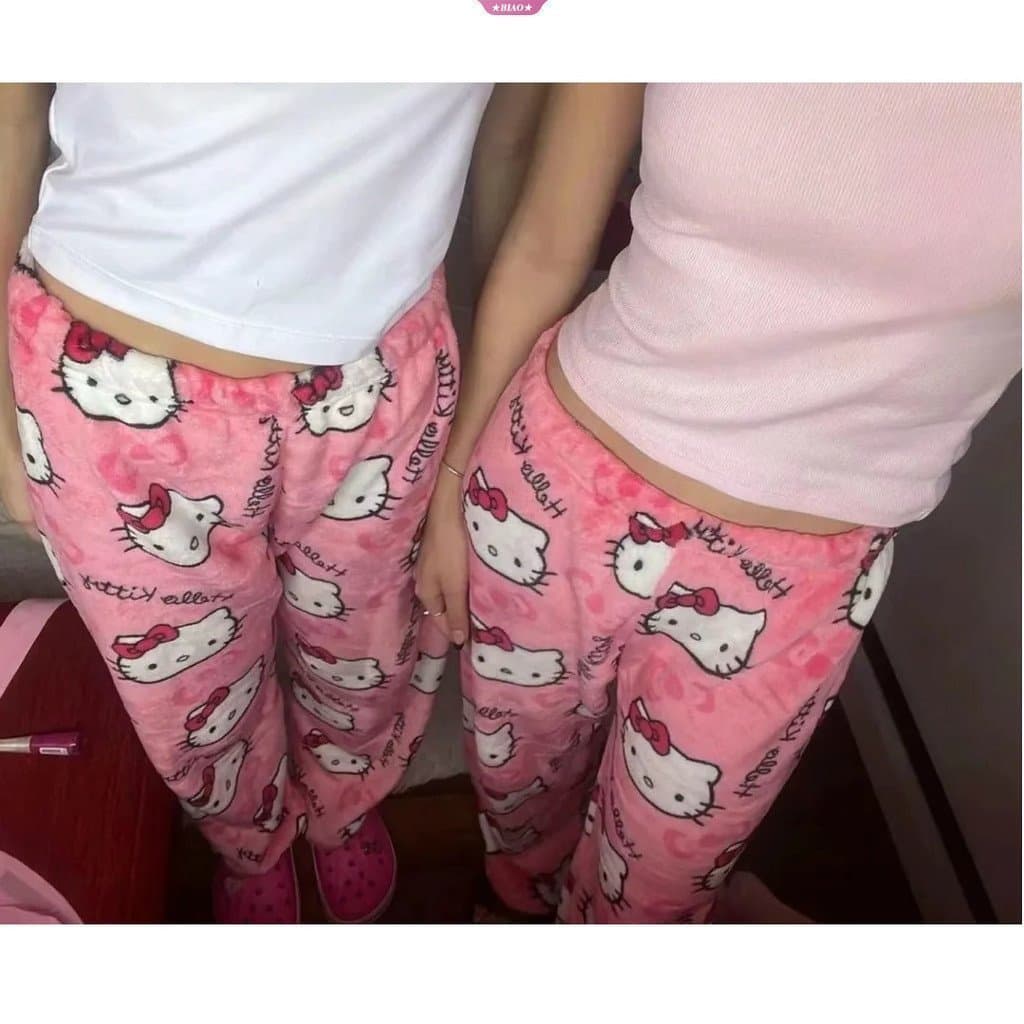 Pijama Feminino de Lã Quente Sanrio Hello Kitty Anime Kawaii, Calças Casuais de Desenho Animado para Casa ou Z3HC 2EFS