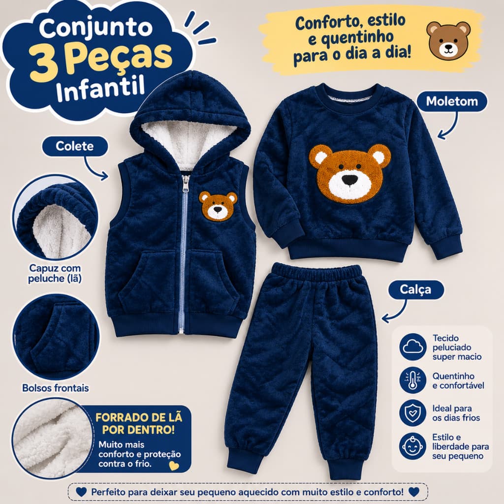 Conjunto Infantil 3 Peças Peluciado Urso Menino Forro de Lã