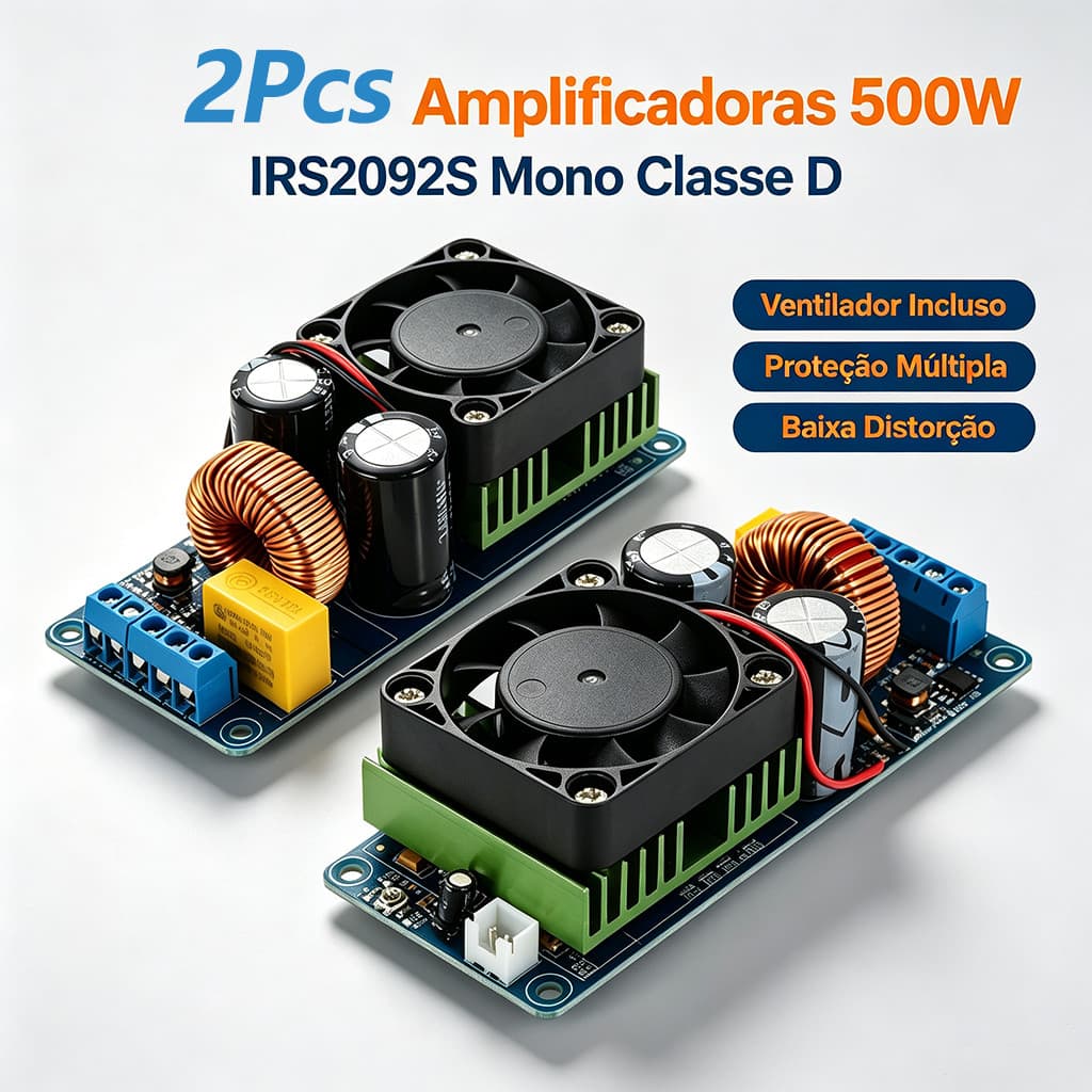 2 Peças Módulo Amplificador 500W Mono IRS2092S Classe D Placa Áudio Digital Proteção Multipla para Projetos de Som