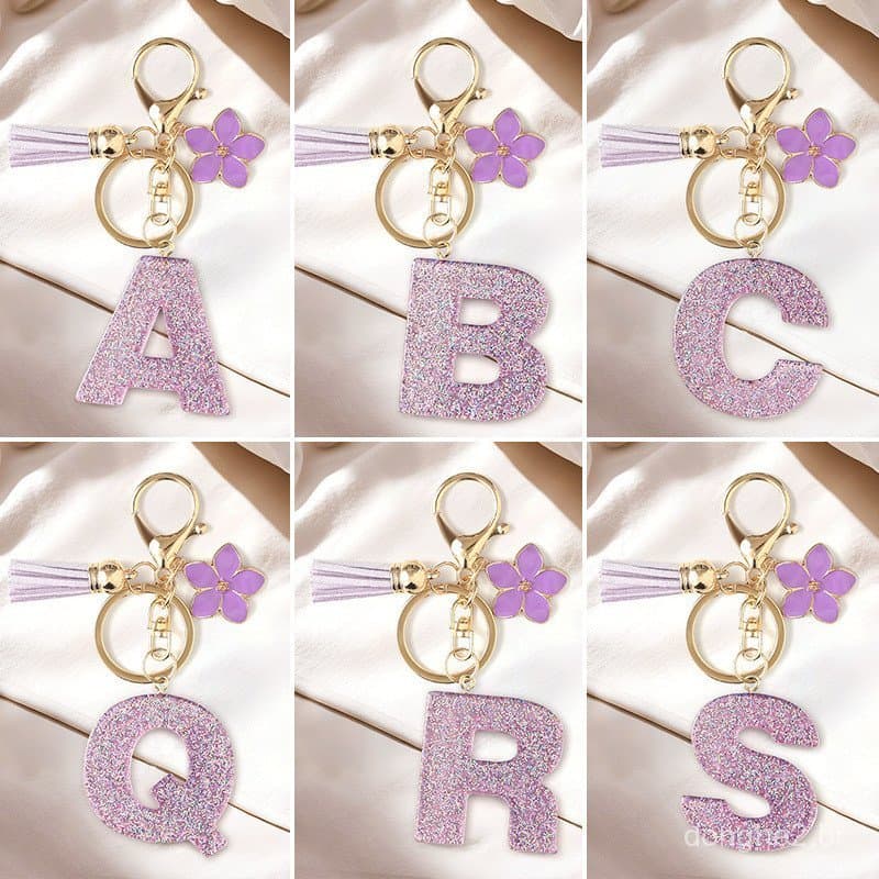 Chaveiro DIY com Glitter, 26 Letras em Resina, Pingente de Flor Roxa, Decoração para Bolsa