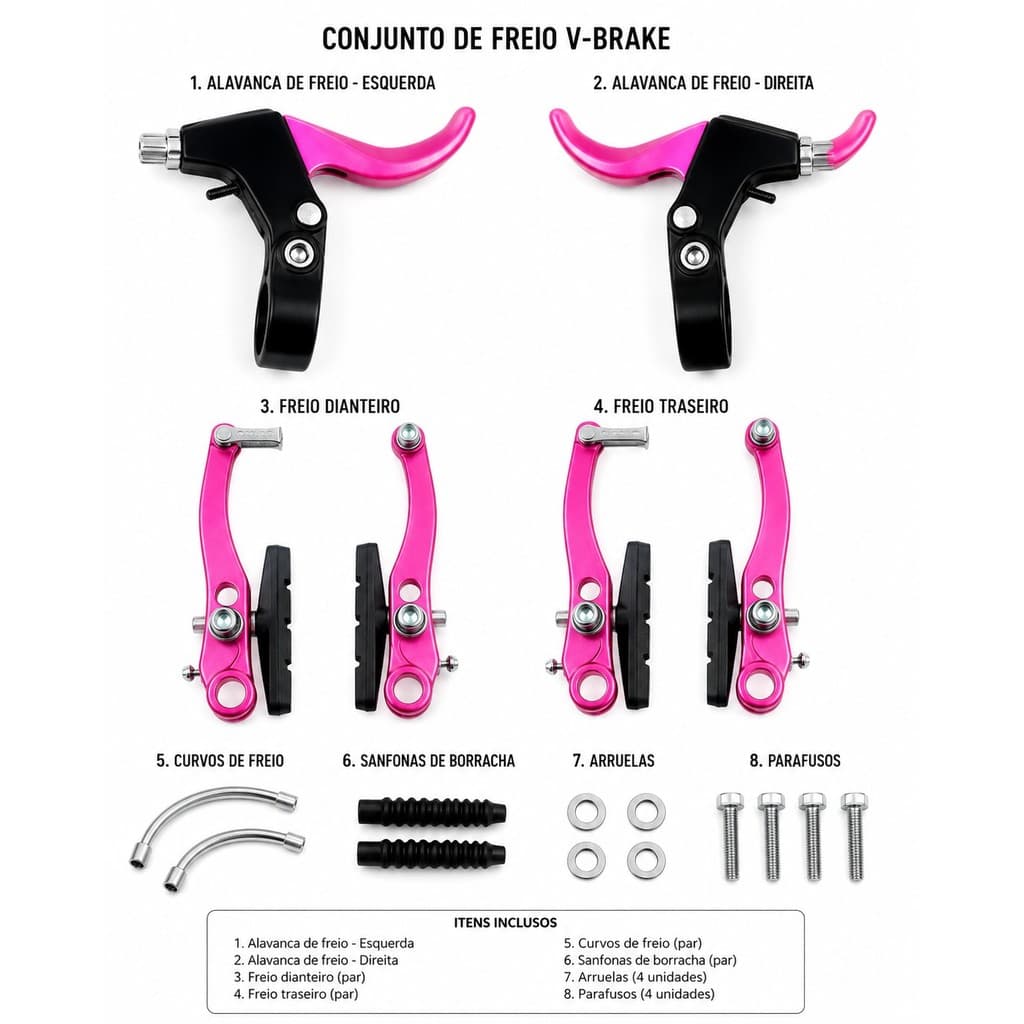Jogo de Freio V-Brake Nylon Rosa com Manetes para Bicicleta MTB Aro 20 24 26