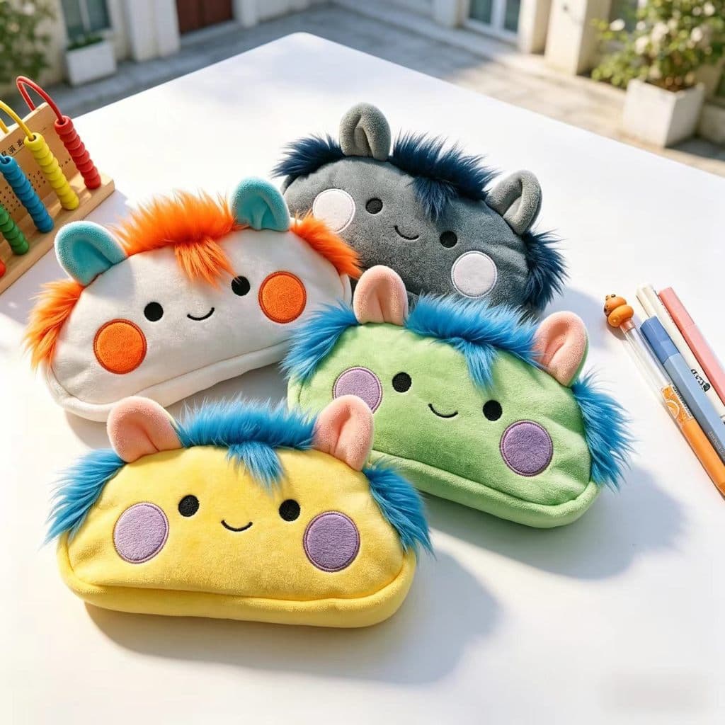 Estojo Escolar de Pelúcia 3D Kawaii com Zíper, 4 Cores para Lápis e Canetas