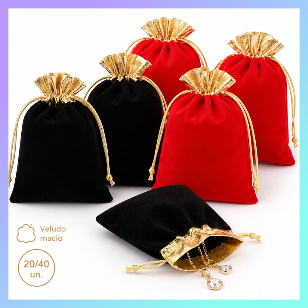 Saquinho para Joias de Veludo com Cordão Dourado, Kit 20/40 Peças para Presentes, Festas e Casamentos