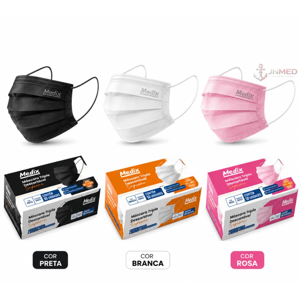 Máscara Descartável Cirúrgica Branca Preta Rosa Caixa 50un Medix