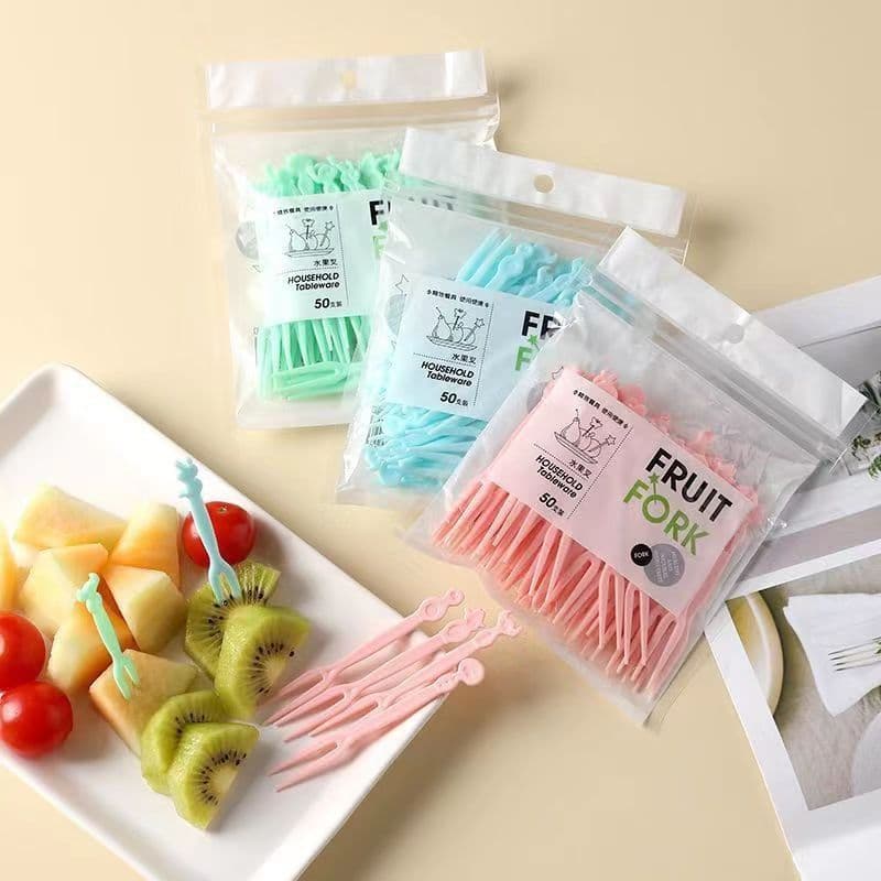 Conjunto de garfo de frutas, picareta de frutas, plástico descartável, dois dentes, bolo de frutas doméstico, sobremesa,