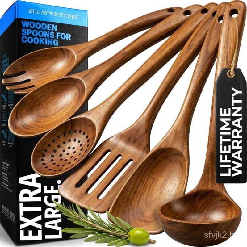 ZulayKitchen Conjunto Super Grande de 6 Peças de Utensílios de Cozinha em Madeira de Teca - Colher de Madeira - Espátula