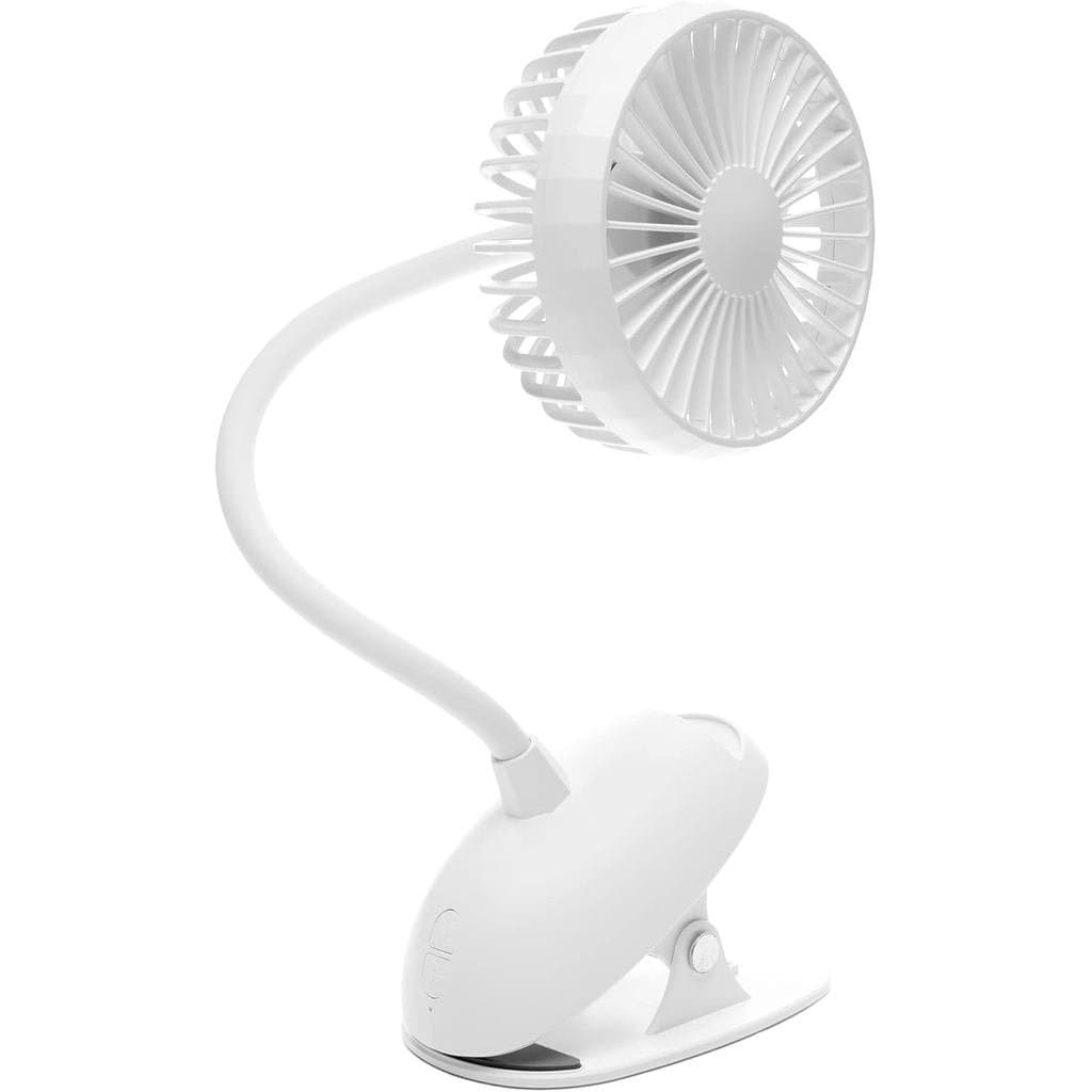O ventilador é ajustável e adequado para carrinhos de bebê de 12,7 cm e pode ser fixado a uma mesa com uma braçadeira fl