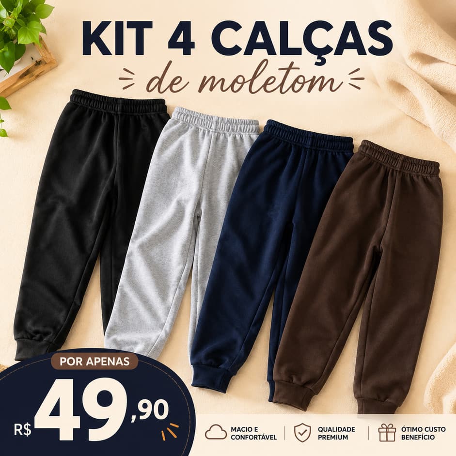Kit 4 Calças de Moletom Outono Infantil Juvenil Forrada Inverno Punho Menino Confortável Pelúciada