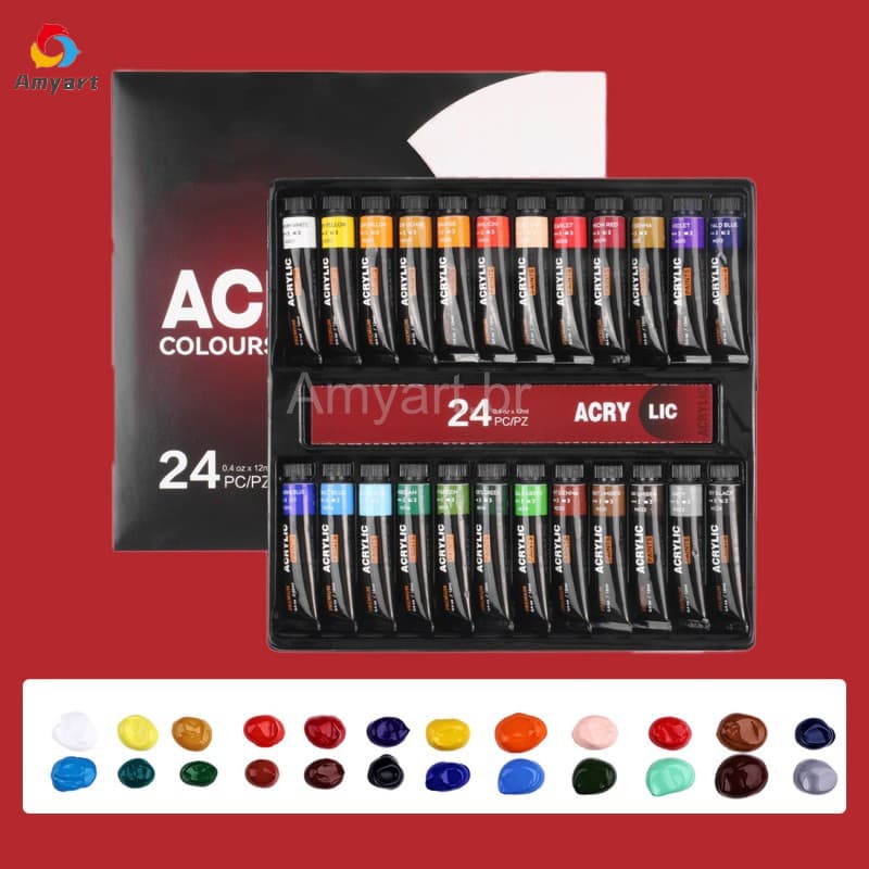 Tinta Acrílica Profissional Para Tela/Tecido 24/12 Cores Kit Pintura Com Pincel E Paleta De Suprimentos Artesanato