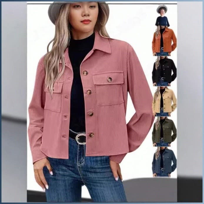 【Estilo Moderno】Jaqueta curta feminina casual, sem gola, em veludo cotelê/Jaqueta Curta/Cropped/Moda Feminina